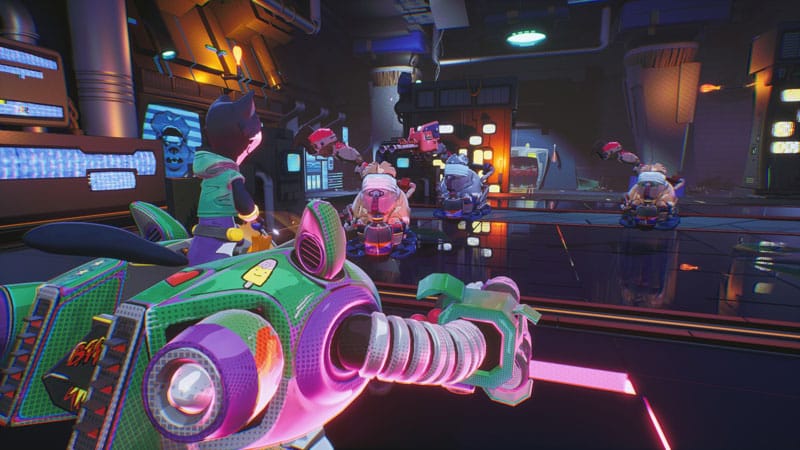 Fast paced PvE combat encounter during arena shooter gameplay