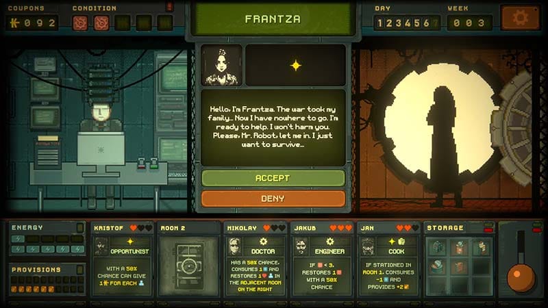 Gameplay interface showing card-based decision system for managing incoming survivors
