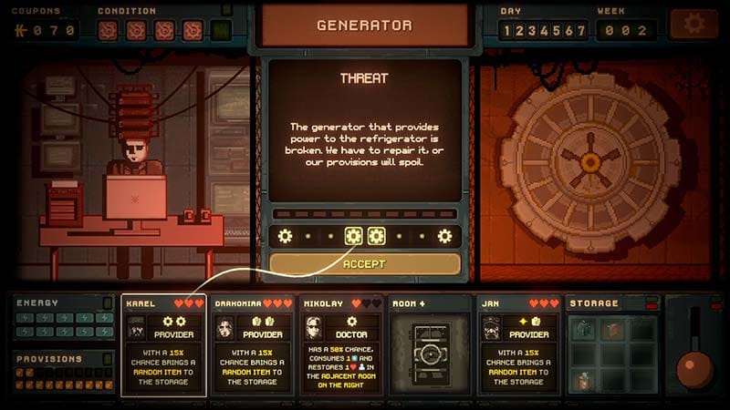 Resource management screen inside bunker with food, medicine, and stability tracking