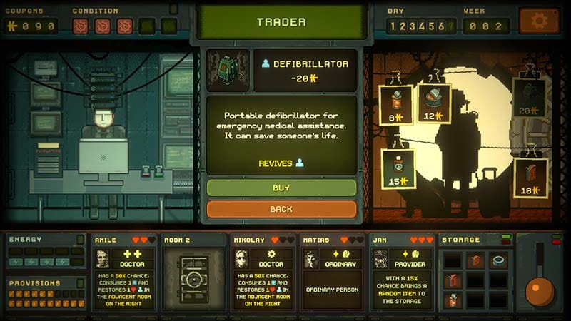 Event encounter screen where player resolves a crisis using deckbuilding mechanics