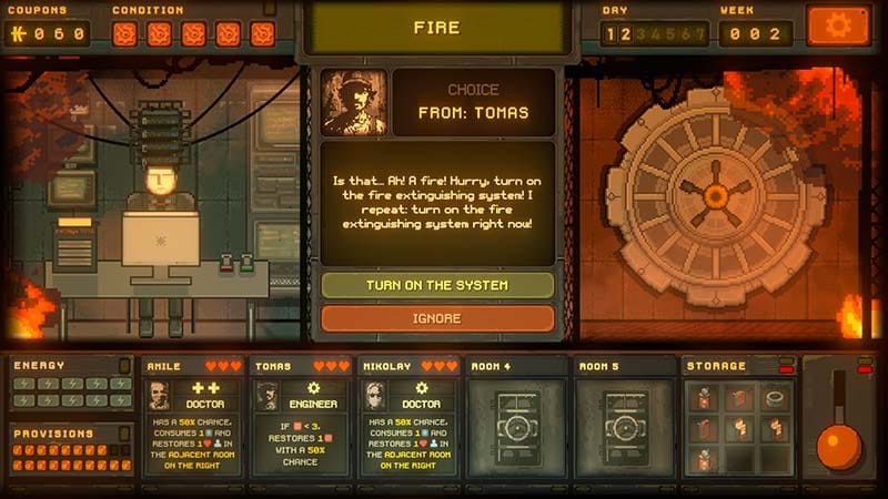 Bunker interior view highlighting system failures and survival resource constraints