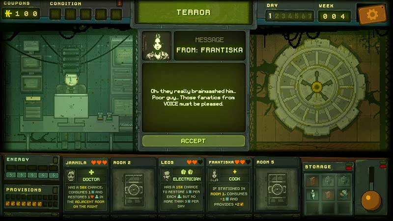 Choice selection screen showing consequences of accepting or rejecting survivors