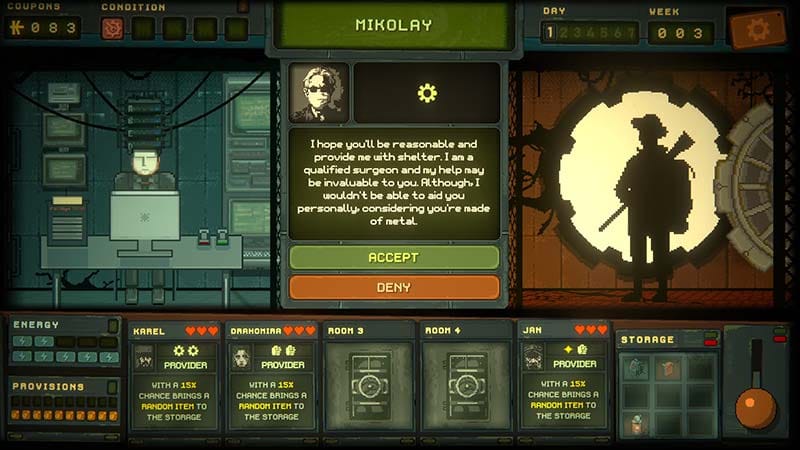 Management overview screen displaying bunker status and evolving deck composition