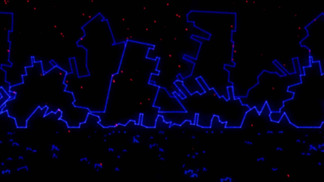 Top-down view of a futuristic city under attack in a dark space setting