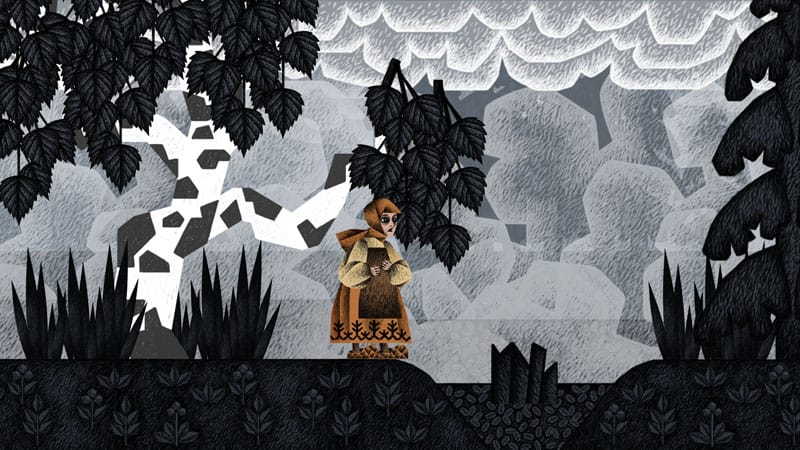 Side scrolling exploration scene in an atmospheric folklore forest