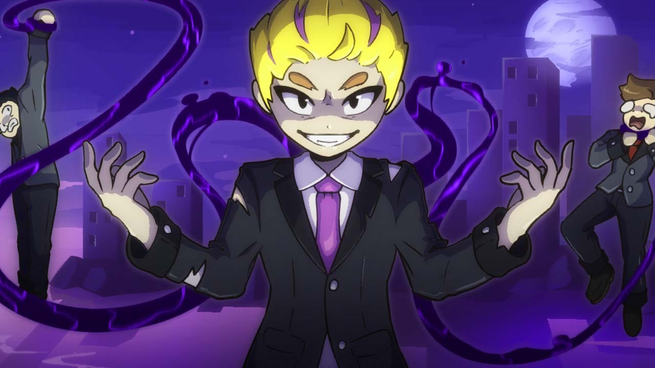 Side-scrolling gameplay scene with a character using tendrils in a destructible urban environment