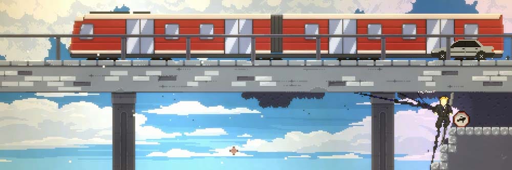 Wide banner showing a 2D action scene with environmental destruction and combat