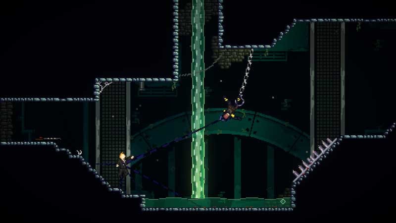 Combat scene with a character using objects against enemies in a pixel-art setting