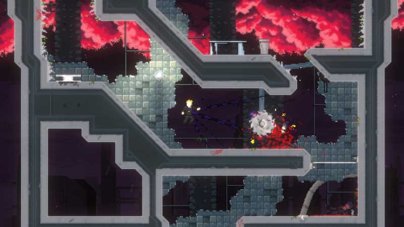 Gameplay view with multiple enemies interacting in a destructible environment