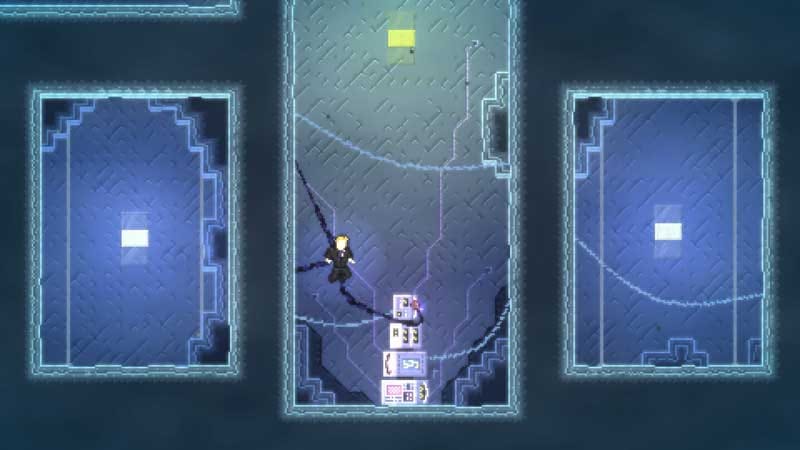 Wide gameplay view showing a chaotic 2D environment with enemies and destruction