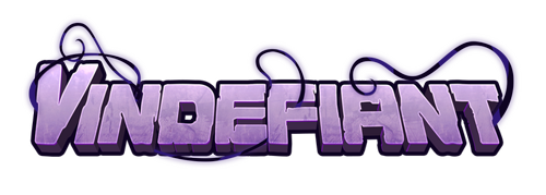 Vindefiant logo with bold pixel-style typography and dark action-themed design