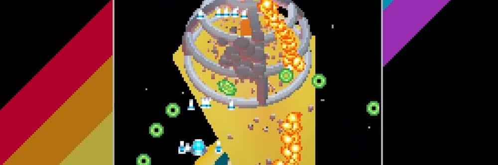 Wide banner showing a vertical shooter scene with characters and enemy battles