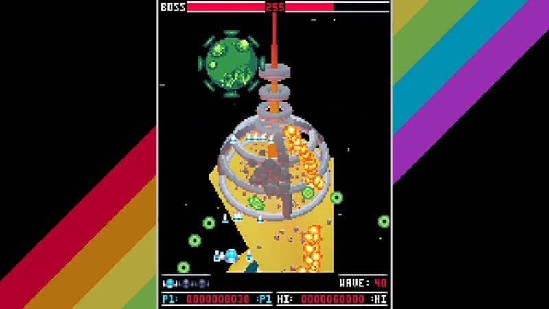 Wide gameplay view showing a vertical battlefield with enemies and effects