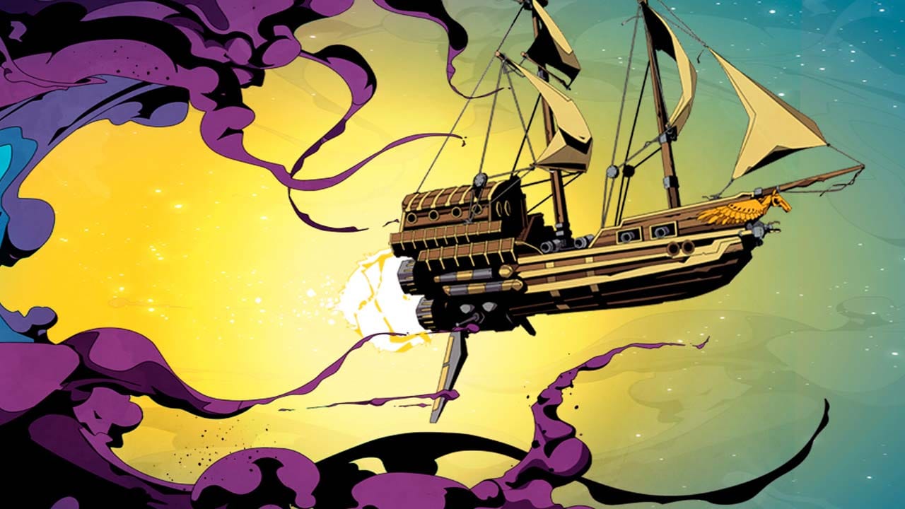 Space environment with a flying ship navigating unknown regions