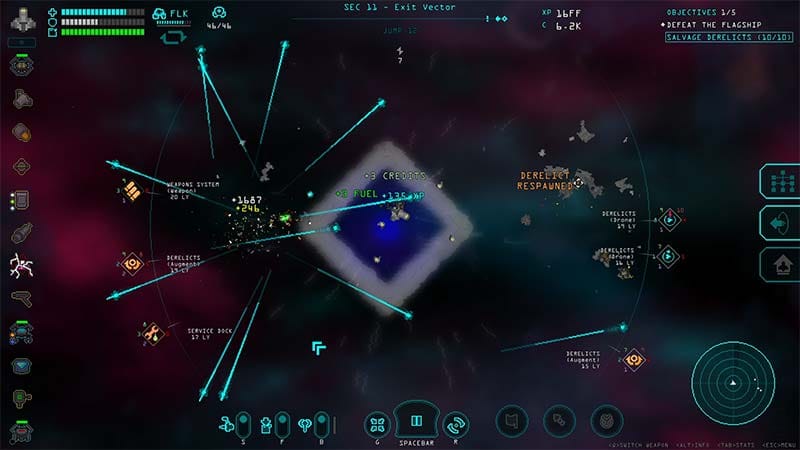 Gameplay scene showing a spaceship engaging hostile enemies