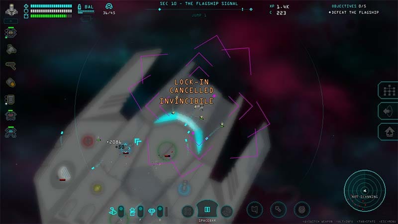 Gameplay scene showing a spaceship confronting a powerful enemy