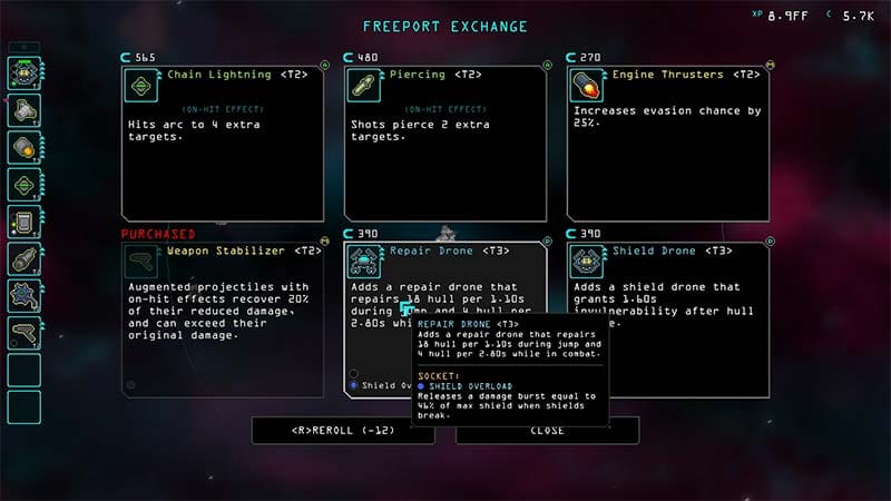 Interface screen displaying ship systems and gameplay information