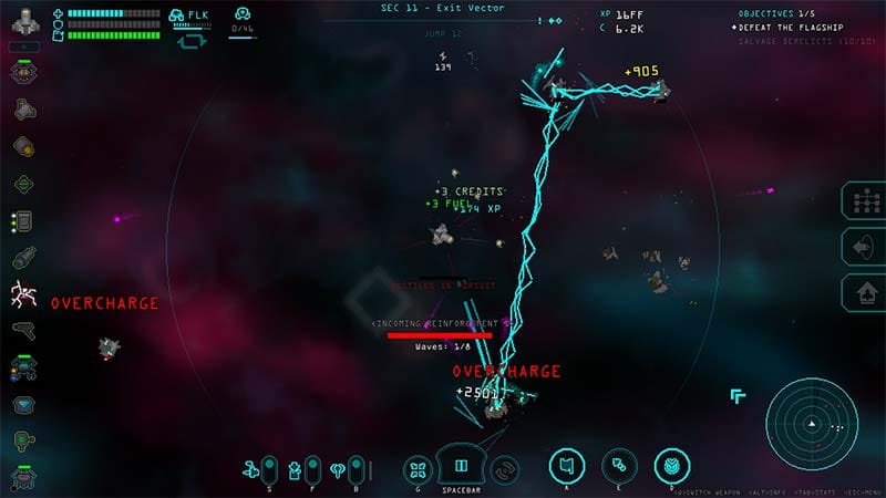 Gameplay scene showing a spaceship salvaging a derelict wreck