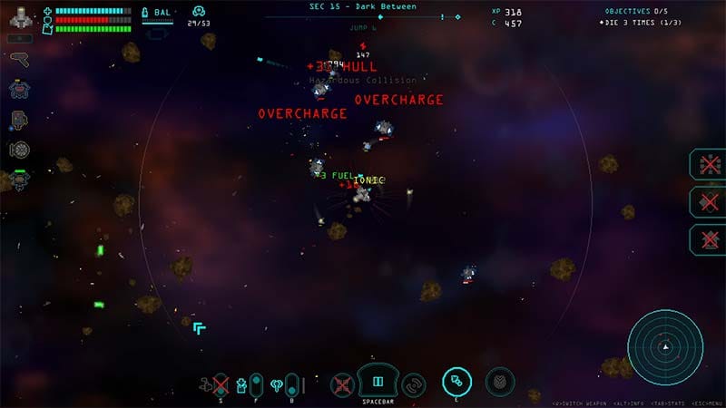 Gameplay view of a ship navigating a dark space environment