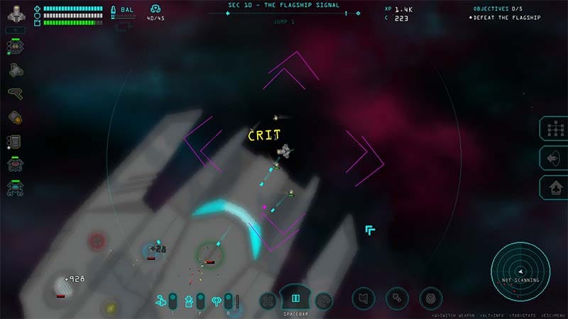 Gameplay scene showing a spaceship fighting enemy vessels