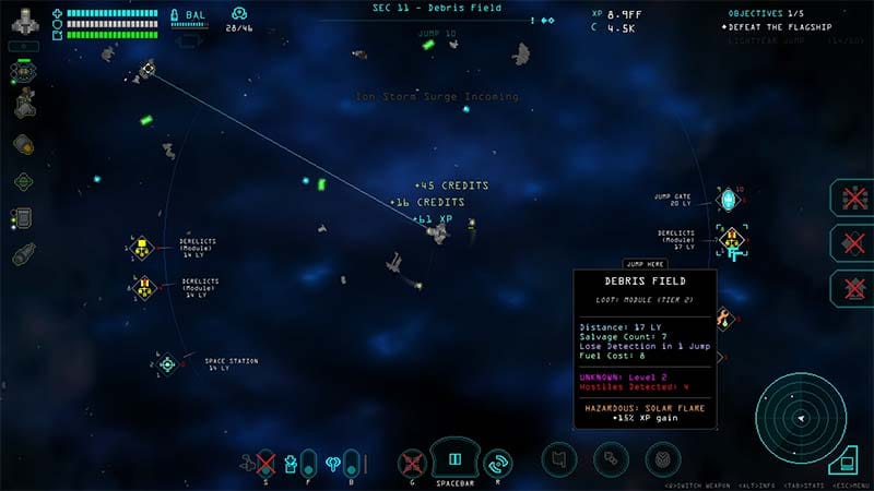 Gameplay scene showing a spaceship facing multiple hostile enemies