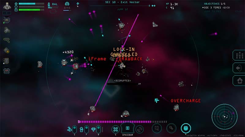 Gameplay view showing exploration through a space environment