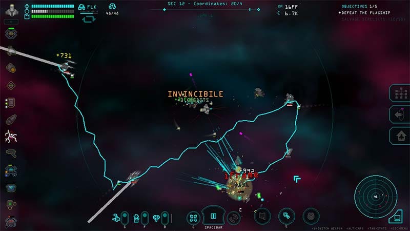 Interface screen displaying ship upgrades and gameplay information