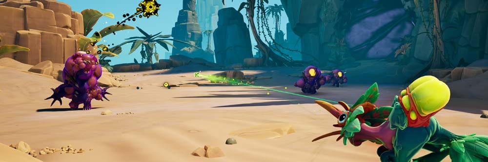 Wide alien landscape showing multiple biomes and creatures