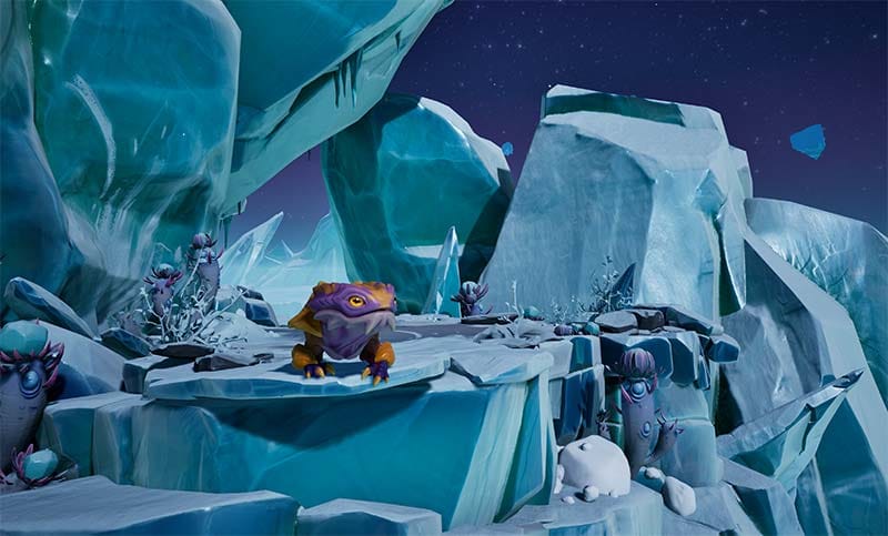 Exploration scene across vibrant alien biome with environmental hazards
