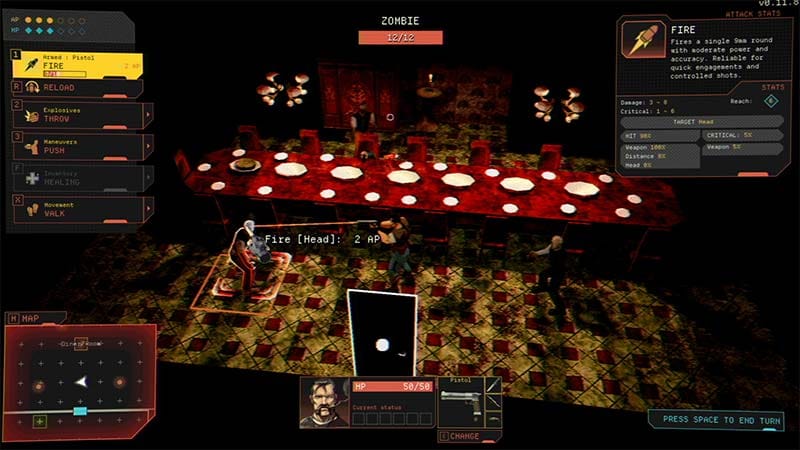Turn-based combat scene inside a dim industrial facility with infected enemies