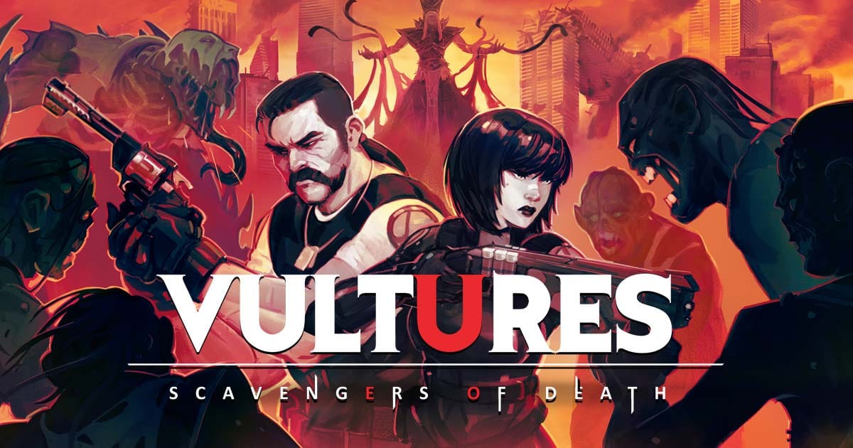 Promotional artwork showing a VULTURE operative facing infected creatures in a ruined city