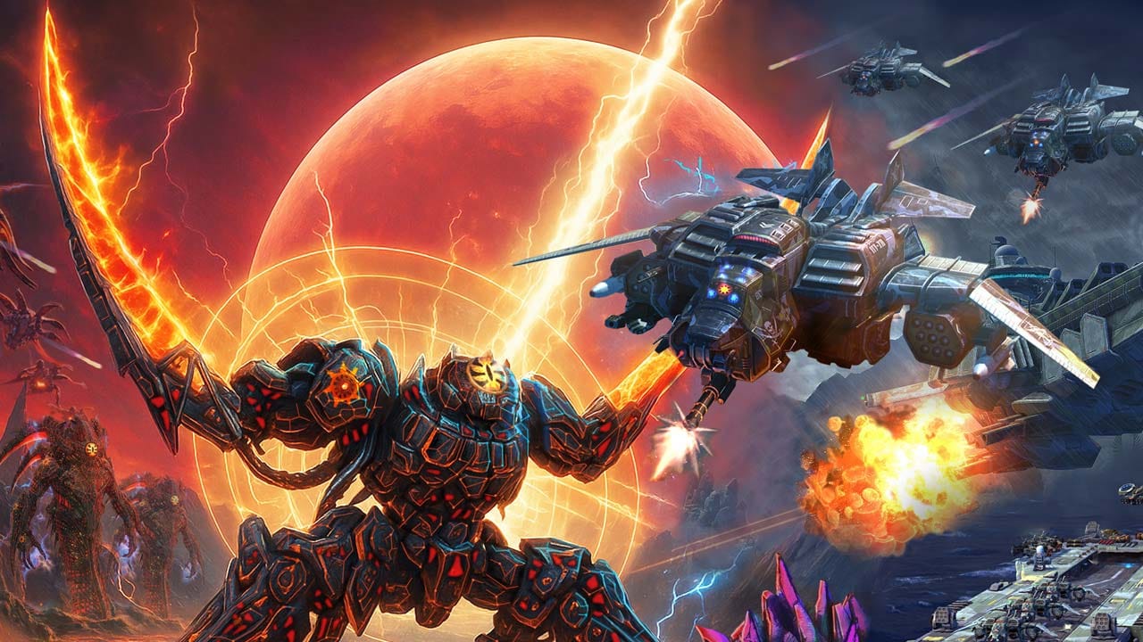 Futuristic battlefield with advanced machines and distant planetary landscapes