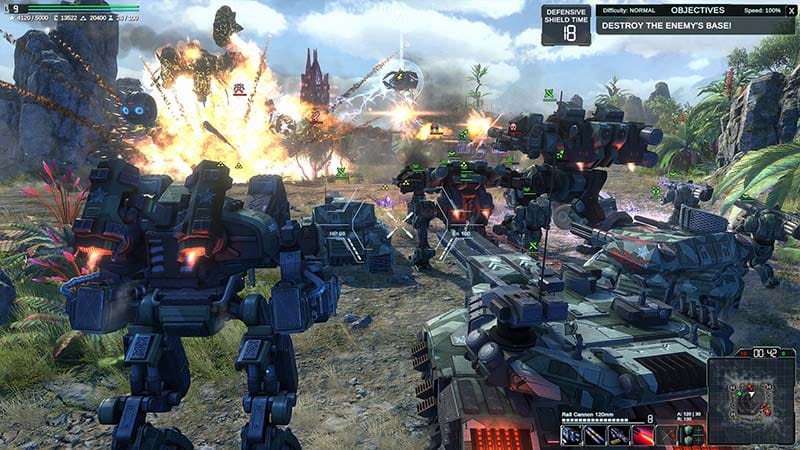 Gameplay scene featuring a hero fighting alongside futuristic forces
