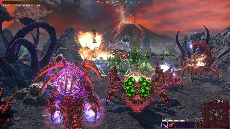 Gameplay view showing large mechanical units during a sci-fi battle