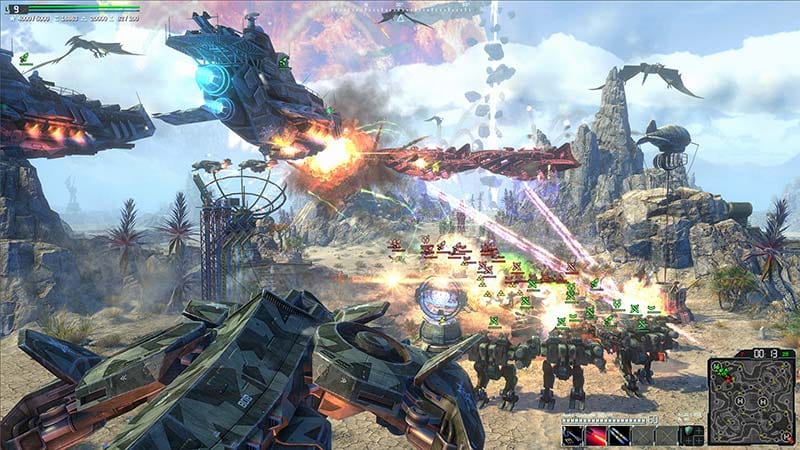 Gameplay view showing a futuristic base and military structures
