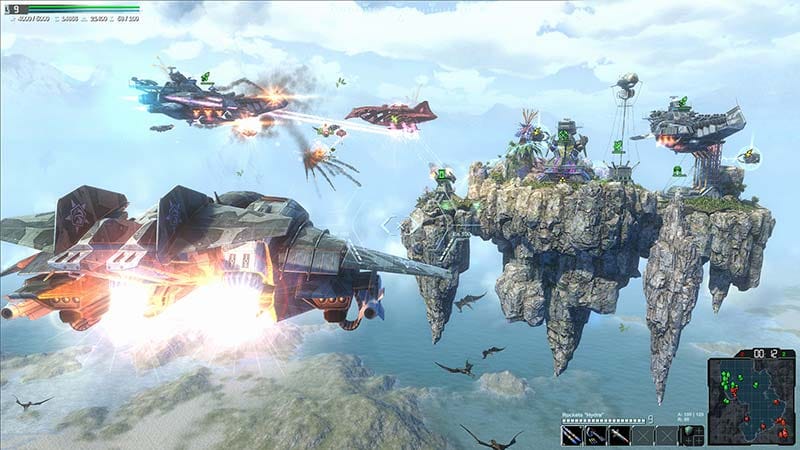 Gameplay scene featuring a large-scale battle with advanced war machines