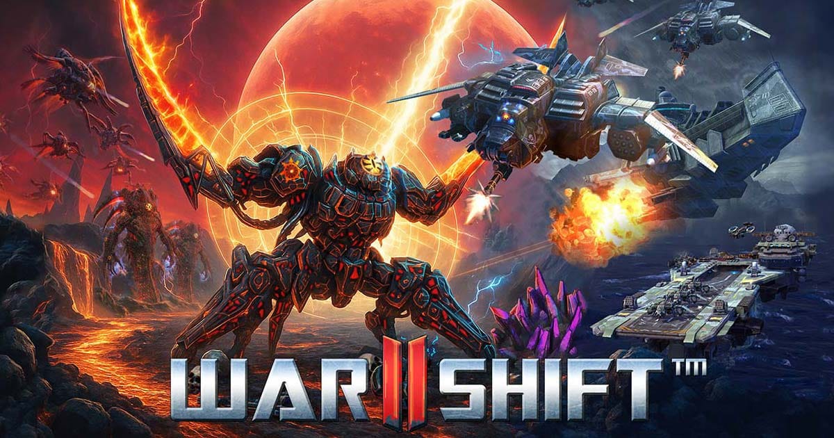 Promotional artwork showing futuristic armies and a hero on a war-torn planet