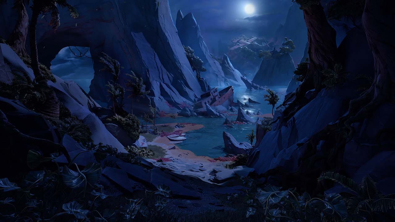 Haunted Bermuda Triangle environment with a hybrid utility craft and supernatural scenery