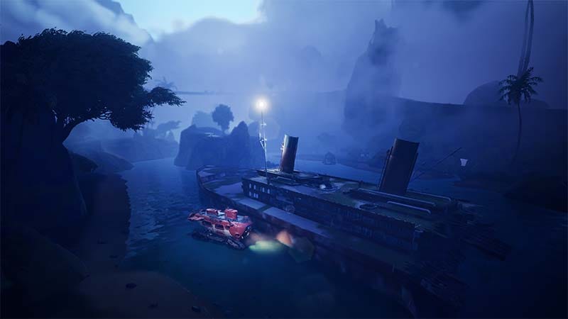 Wide gameplay view showing the ORCA and crew exploring a haunted expedition environment