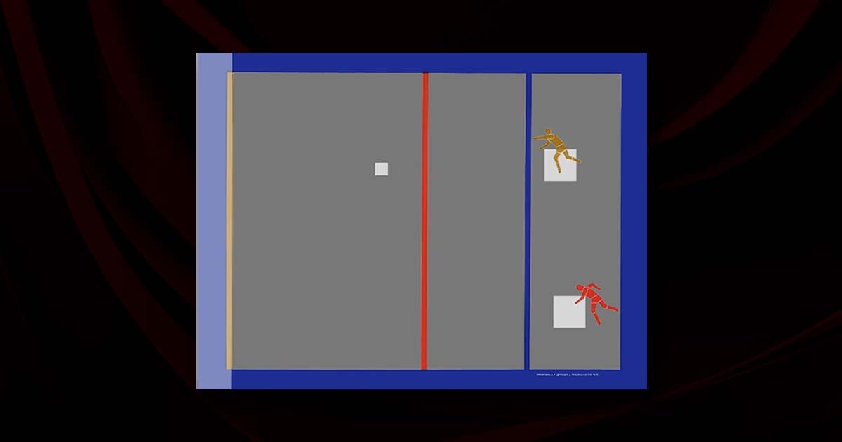 Handball 1972 gameplay on Magnavox Odyssey featuring three-walled court overlay and paddle control system