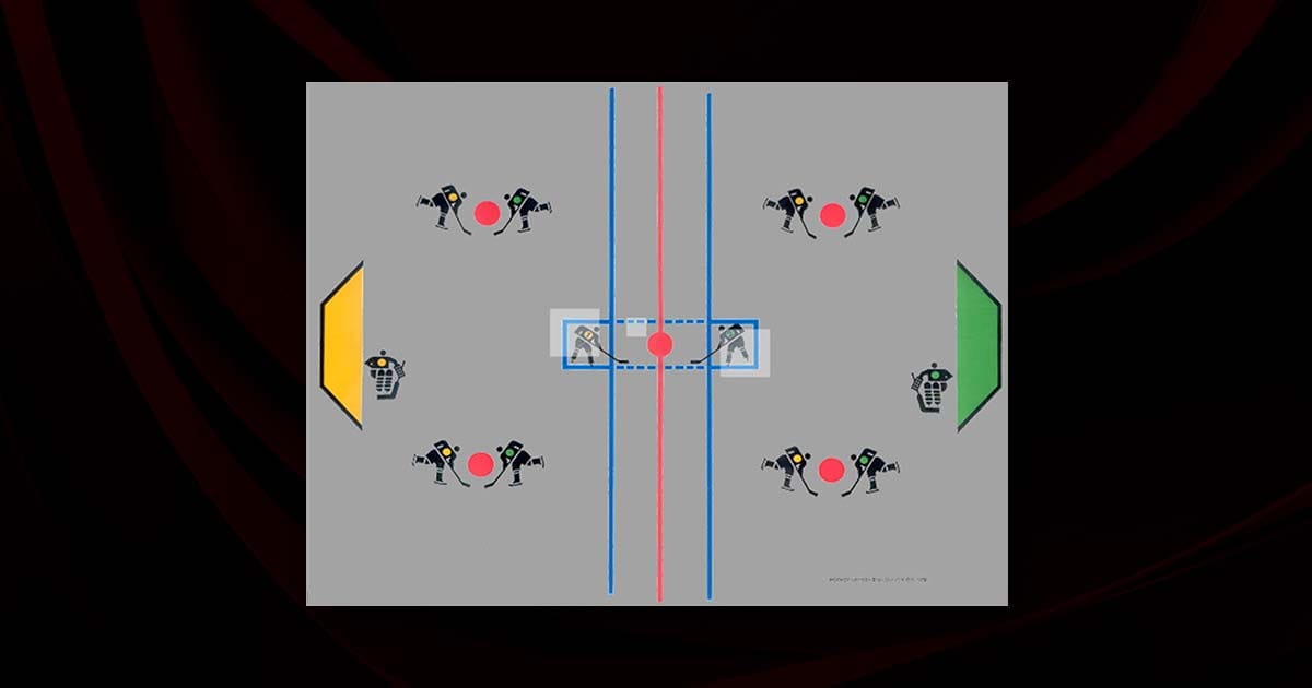 Hockey game overlay Magnavox Odyssey depicting blue ice rink for 1972 analog hockey simulation
